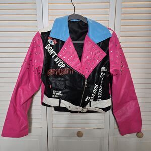 Retro 80s Pink Graffiti Studded Belted Pink Pleather Punk Moto Biker Jacket S/M